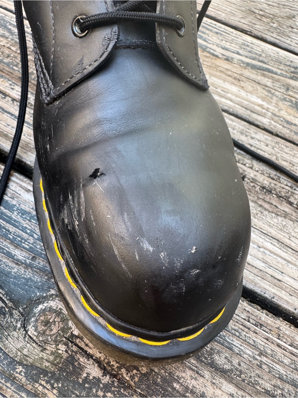 Dr. Martens AirWair Black Leather Lace-Up Combat Boots with Yellow Stitching - Picture 3 of 9